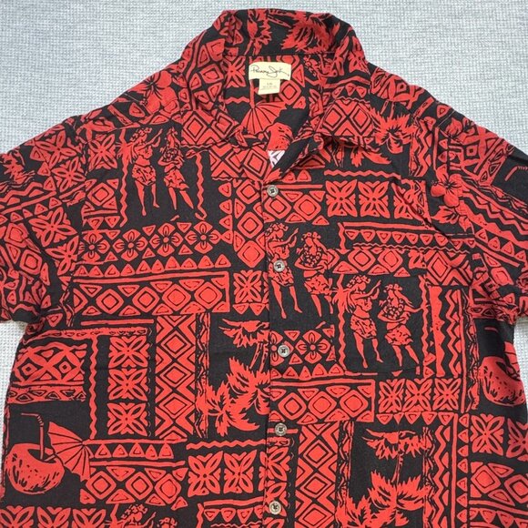Panama Jack Mens Sz L Red Geometric Hawaiian Shirt Short Sleeve Hula Girl Rayon - Picture 4 of 13